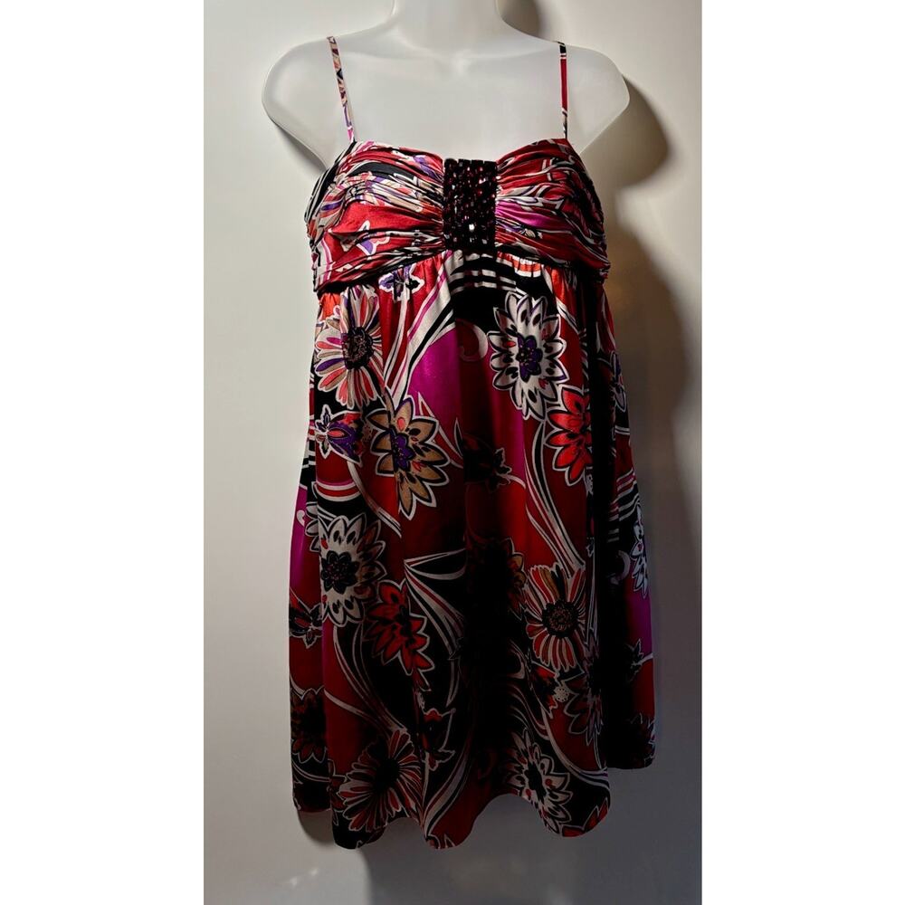 OC By OC Oleg Cassini Y2K 100% Silk Floral Dress Jewel Tones Beaded Midi Size 6